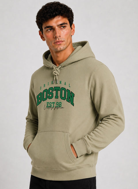 ADRO Men Beige Boston Printed Regular Fit Hoodie
