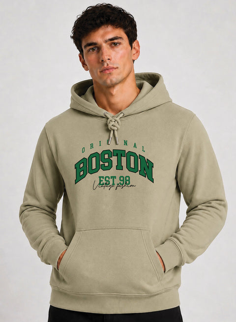ADRO Men Beige Boston Printed Regular Fit Hoodie