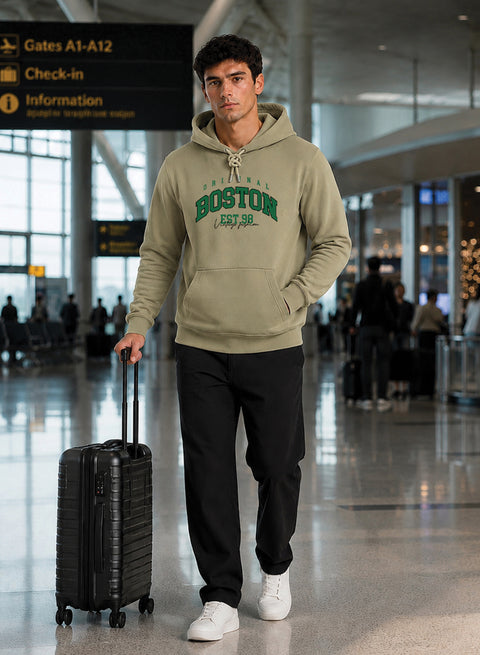 ADRO Men Beige Boston Printed Regular Fit Hoodie