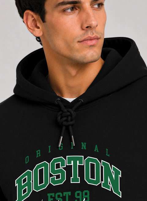 ADRO Men Black Boston Printed Regular Fit Hoodie