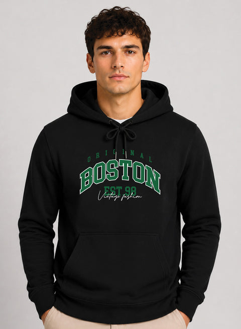 ADRO Men Black Boston Printed Regular Fit Hoodie