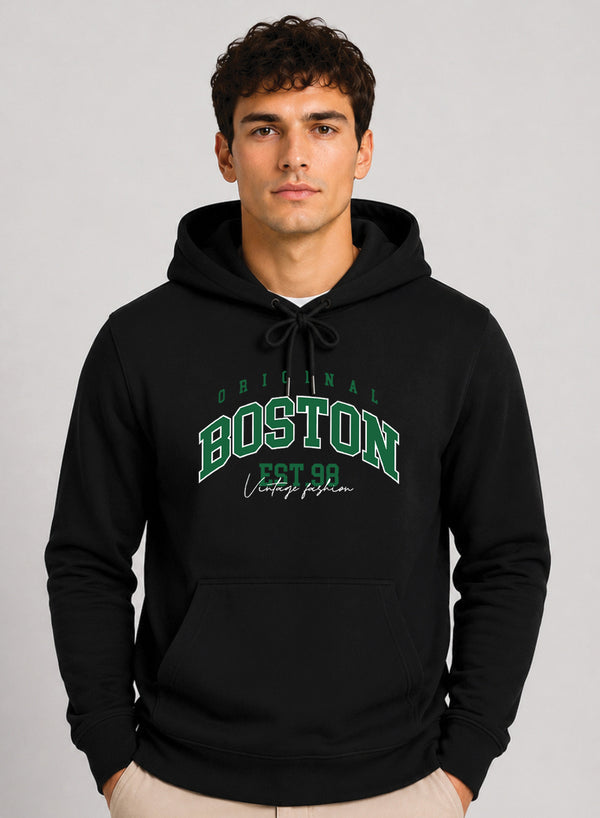 ADRO Men Black Boston Printed Regular Fit Hoodie
