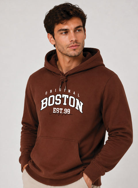 ADRO Men Beige Boston Printed Regular Fit Hoodie