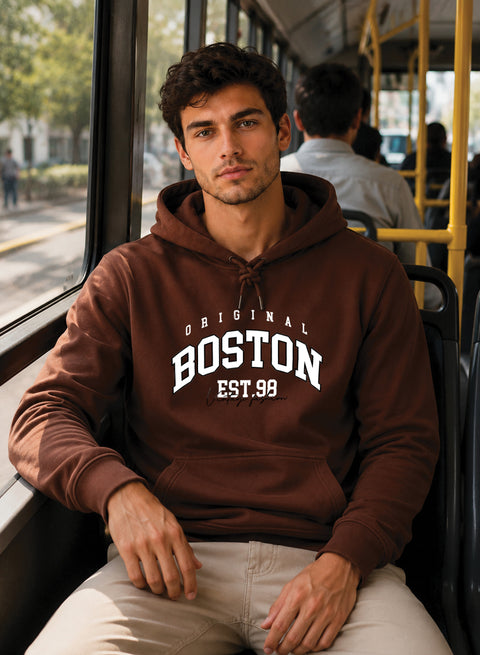 ADRO Men Beige Boston Printed Regular Fit Hoodie