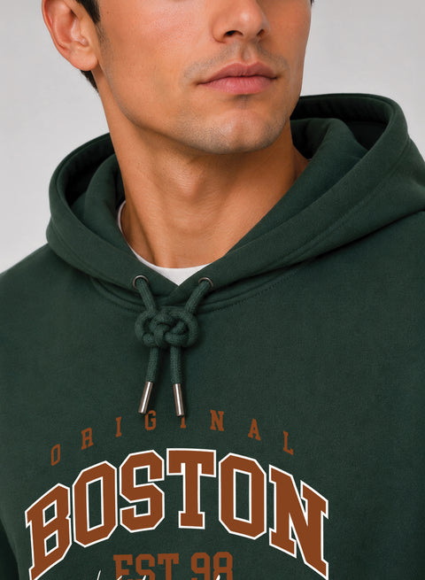 ADRO Men Black Boston Printed Regular Fit Hoodie