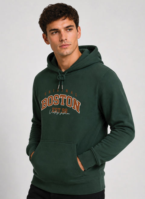 ADRO Men Black Boston Printed Regular Fit Hoodie