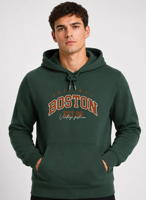 ADRO Men Black Boston Printed Regular Fit Hoodie