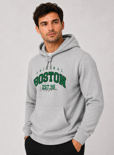 ADRO Men Beige Boston Printed Regular Fit Hoodie