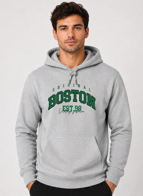 ADRO Men Beige Boston Printed Regular Fit Hoodie