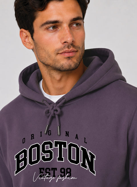 ADRO Men Black Boston Printed Regular Fit Hoodie
