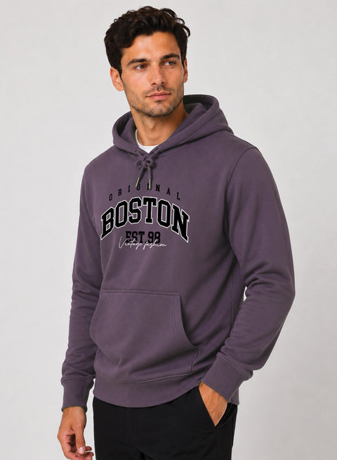 ADRO Men Black Boston Printed Regular Fit Hoodie