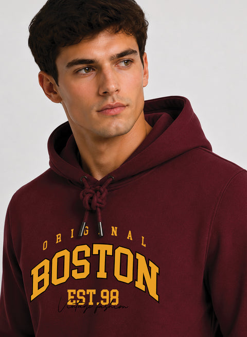 ADRO Men Beige Boston Printed Regular Fit Hoodie