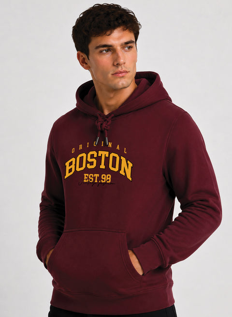 ADRO Men Beige Boston Printed Regular Fit Hoodie