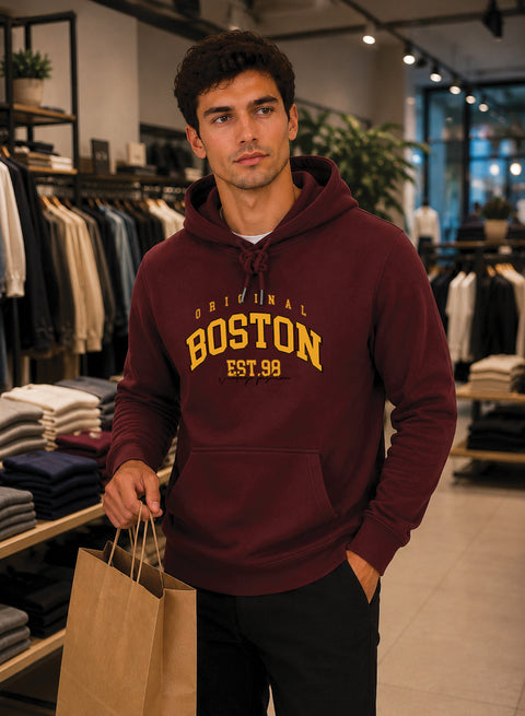 ADRO Men Beige Boston Printed Regular Fit Hoodie