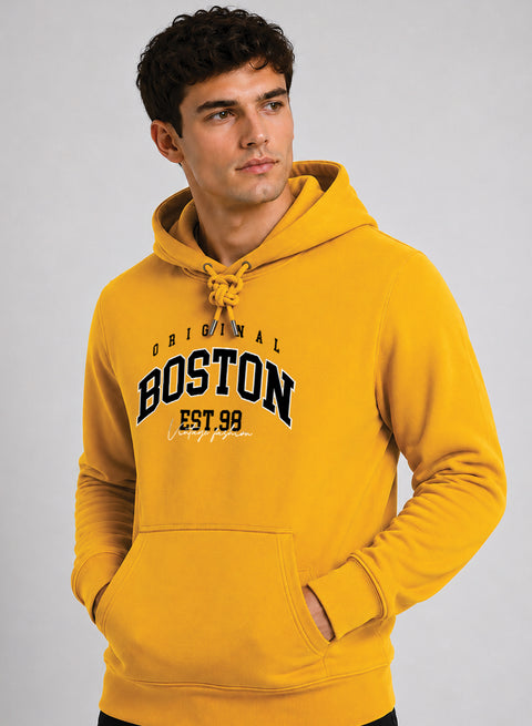ADRO Men Black Boston Printed Regular Fit Hoodie