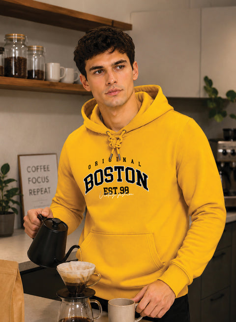 ADRO Men Black Boston Printed Regular Fit Hoodie