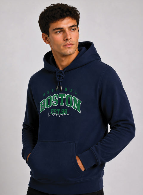 ADRO Men Beige Boston Printed Regular Fit Hoodie