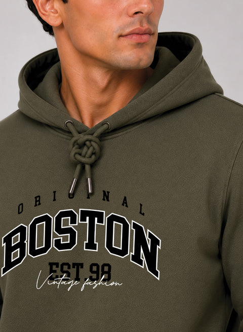 ADRO Men Black Boston Printed Regular Fit Hoodie