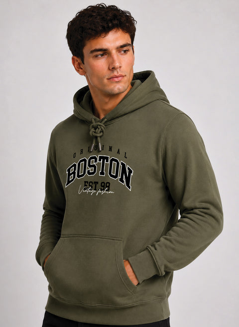ADRO Men Black Boston Printed Regular Fit Hoodie