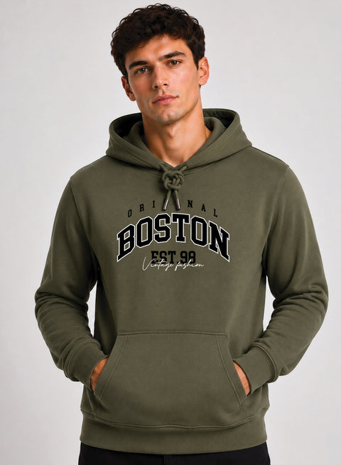 ADRO Men Black Boston Printed Regular Fit Hoodie