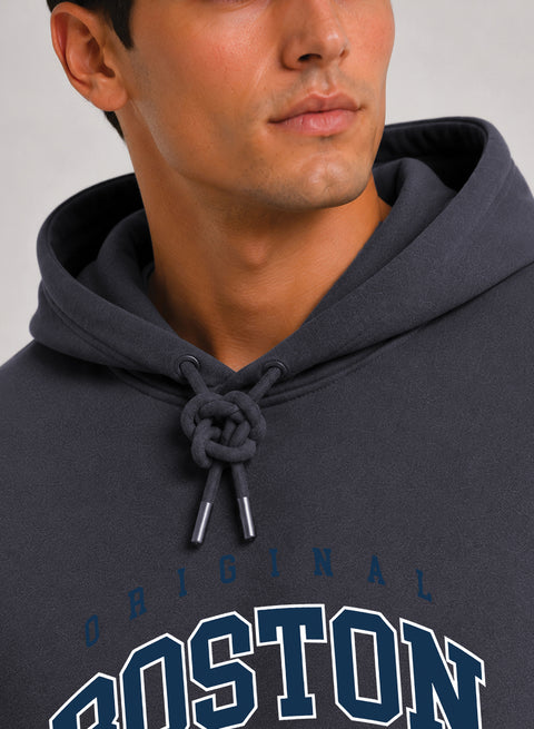 ADRO Men Black Boston Printed Regular Fit Hoodie