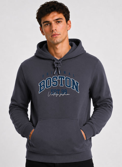 ADRO Men Black Boston Printed Regular Fit Hoodie