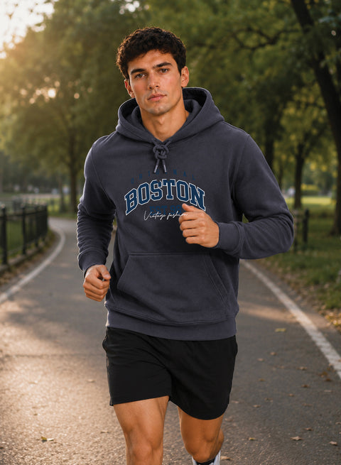 ADRO Men Black Boston Printed Regular Fit Hoodie