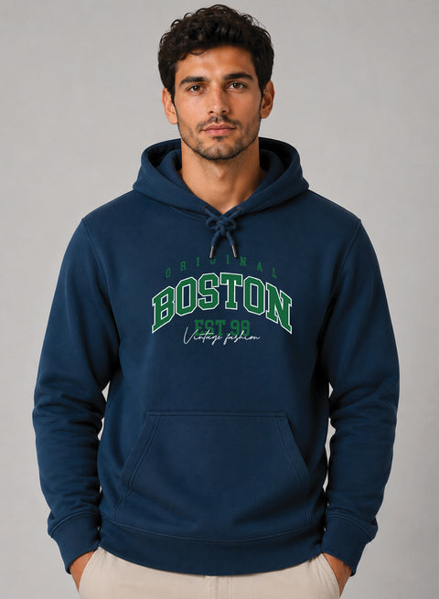 ADRO Men Black Boston Printed Regular Fit Hoodie