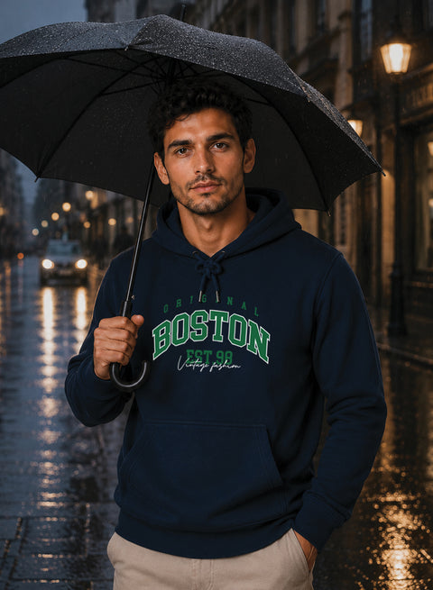 ADRO Men Black Boston Printed Regular Fit Hoodie