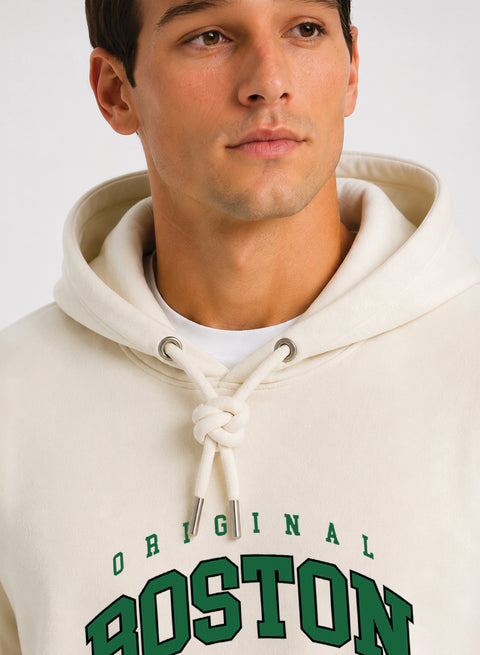 ADRO Men Beige Boston Printed Regular Fit Hoodie