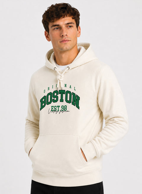 ADRO Men Beige Boston Printed Regular Fit Hoodie