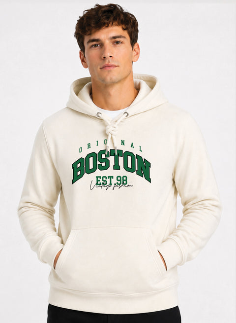 ADRO Men Beige Boston Printed Regular Fit Hoodie