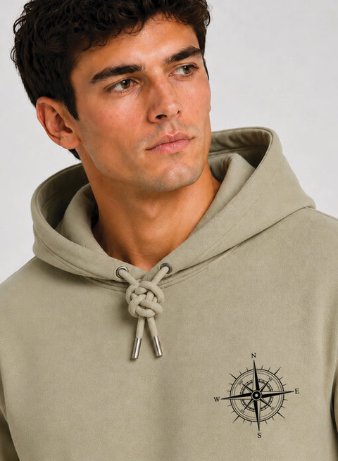 ADRO Men Beige Compass Printed Regular Fit Hoodie
