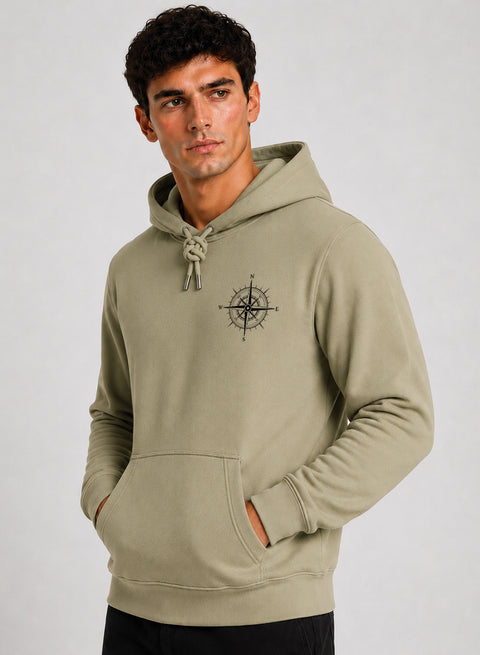 ADRO Men Beige Compass Printed Regular Fit Hoodie