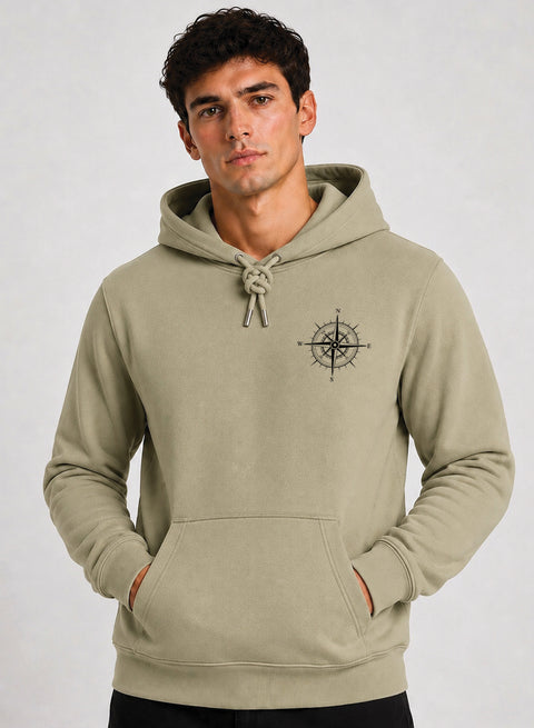 ADRO Men Beige Compass Printed Regular Fit Hoodie