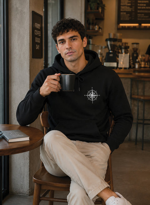 ADRO Men Black Compass Printed Regular Fit Hoodie