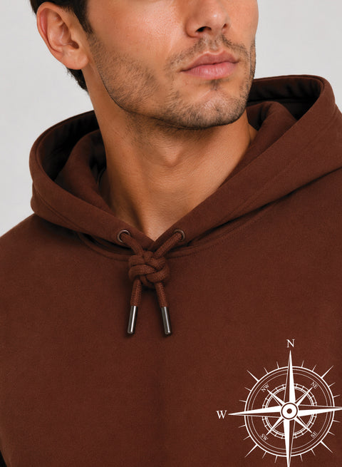 ADRO Men Beige Compass Printed Regular Fit Hoodie