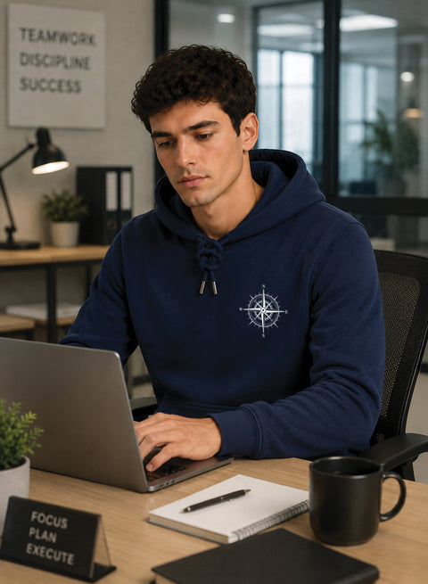 ADRO Men Beige Compass Printed Regular Fit Hoodie