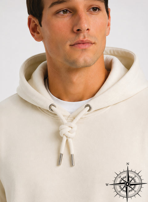 ADRO Men Beige Compass Printed Regular Fit Hoodie
