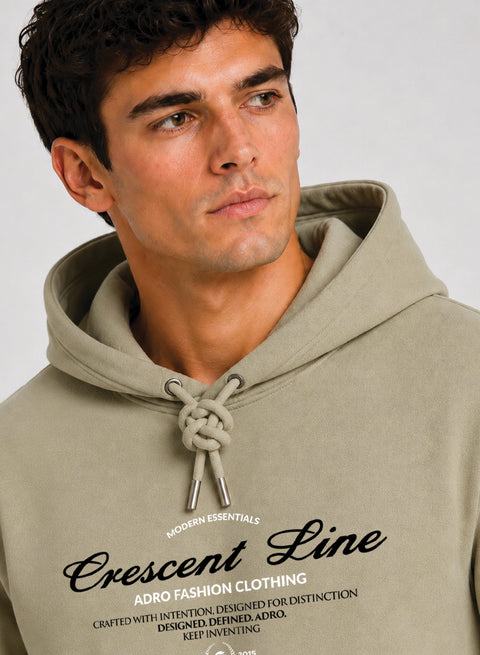 ADRO Men Beige Crescent Line Printed Regular Fit Hoodie