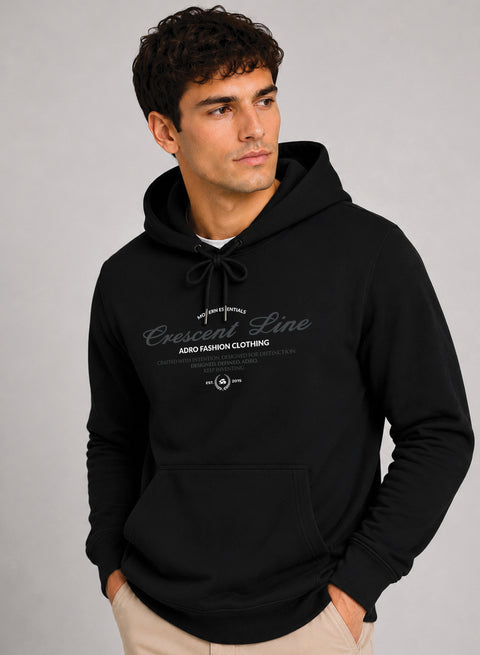 ADRO Men Black Crescent Line Printed Regular Fit Hoodie
