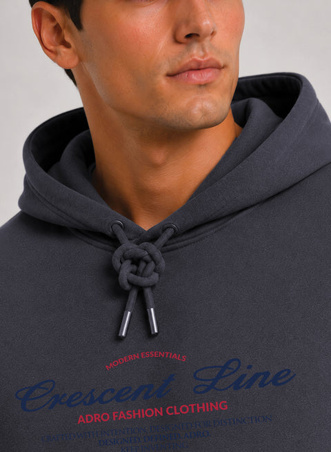 ADRO Men Black Crescent Line Printed Regular Fit Hoodie