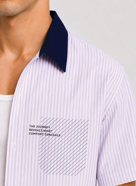 ADRO Journey Reveals Half Sleeve Striped Shirt for Men | Cotton Blend Casual Shirts | Relaxed Fit Contrast Collar Summer Wear | Lavender