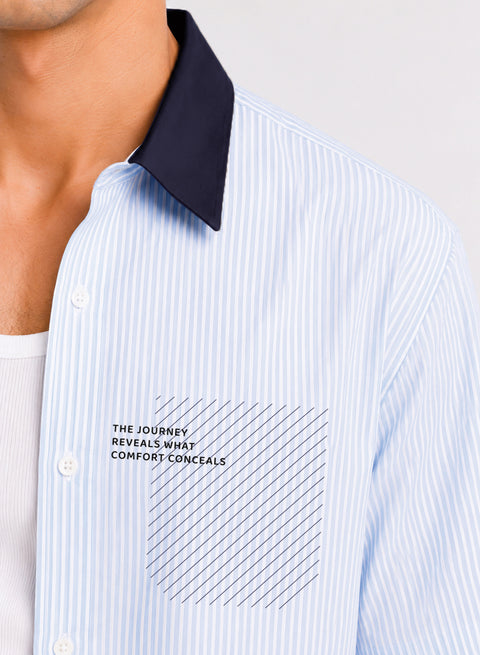 ADRO Journey Reveals Half Sleeve Striped Shirt for Men | Cotton Blend Casual Shirts | Relaxed Fit Contrast Collar Summer Wear | Sky Blue