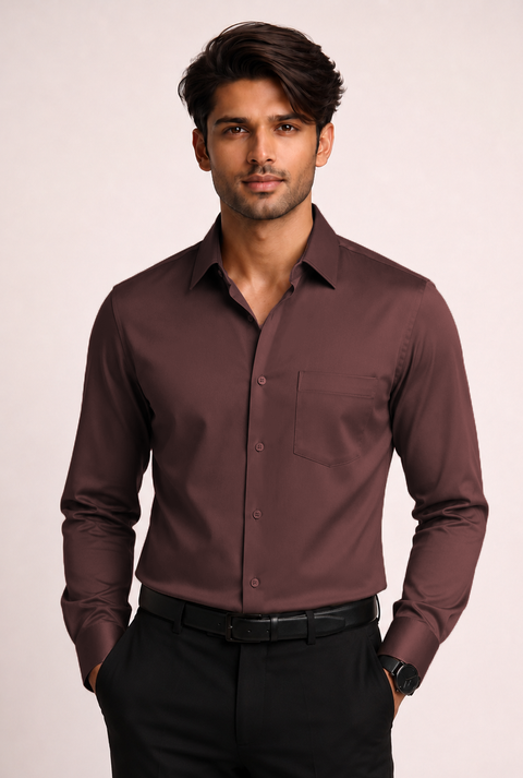 ADRO Premium Cotton Satin Shirt for Men | Casual Fit Solid Full Sleeve Shirt in Mocha Brown