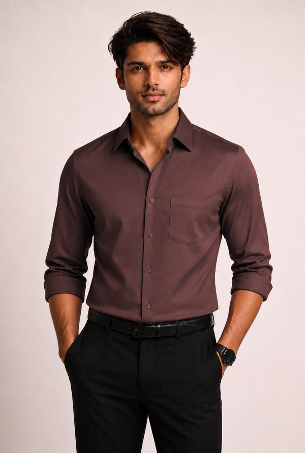 ADRO Premium Cotton Satin Shirt for Men | Casual Fit Solid Full Sleeve Shirt in Mocha Brown