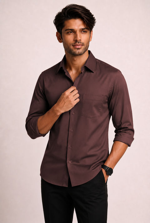 ADRO Premium Cotton Satin Shirt for Men | Casual Fit Solid Full Sleeve Shirt in Mocha Brown
