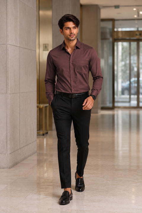 ADRO Premium Cotton Satin Shirt for Men | Casual Fit Solid Full Sleeve Shirt in Mocha Brown
