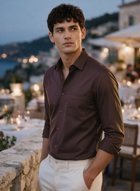 ADRO Men's Premium Cotton Satin Shirt | Solid Full Sleeve Casual Shirt | Regular Fit | Light Brown