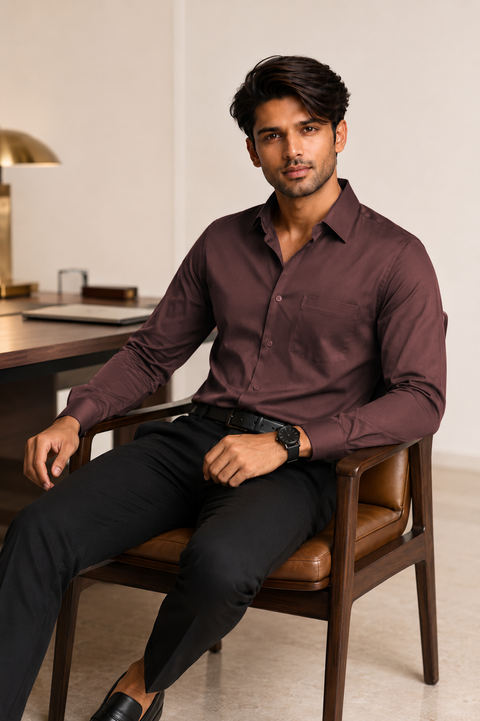 ADRO Premium Cotton Satin Shirt for Men | Casual Fit Solid Full Sleeve Shirt in Mocha Brown